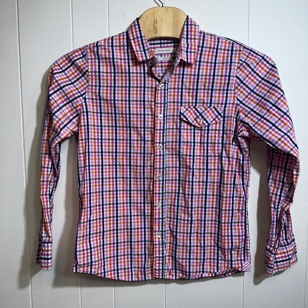Arturo Calle Mens Slim Fit Plaid Button Down Shirt Pink Orange Purple Large